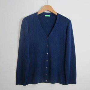 Vtg United Colors of Benetton Womens L Navy Blue LS V Neck Wool Cardigan Sweater